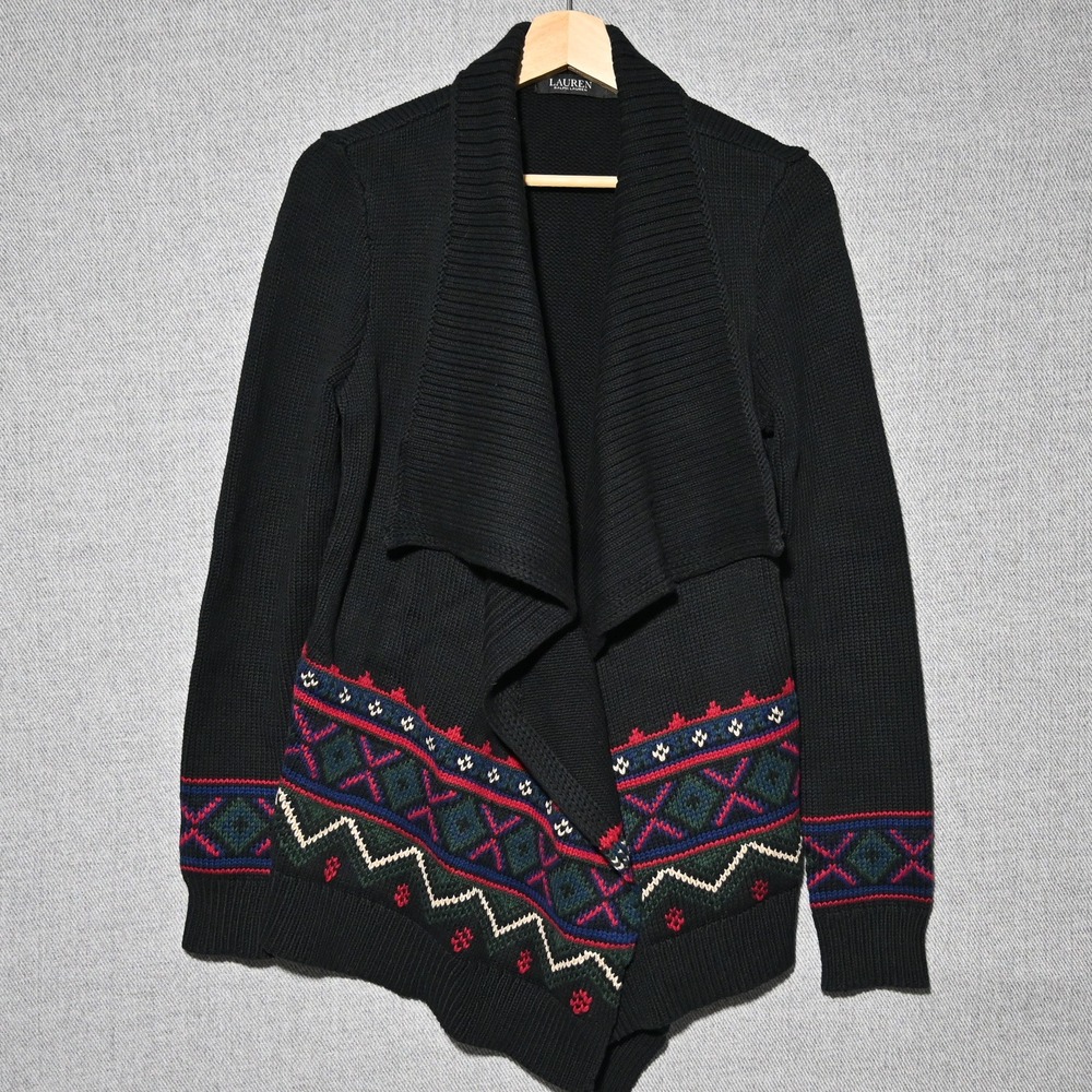 Lauren Ralph Lauren Cardigan Womens M Southwestern Shawl Collar Black Multi